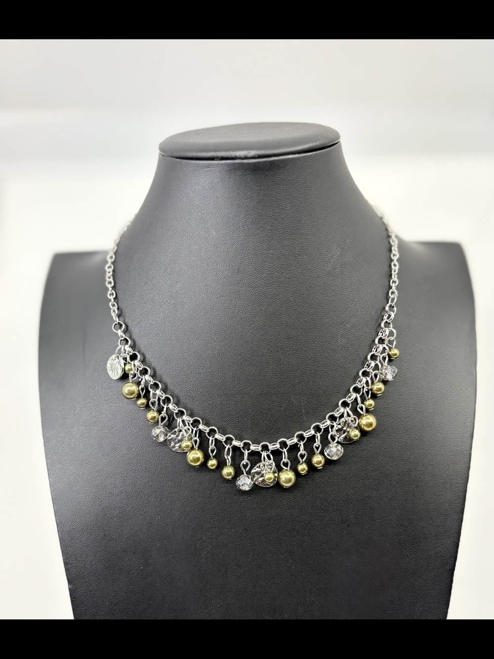 Women’s Silver Chain Necklace with Greenish-Gold and Clear Beads